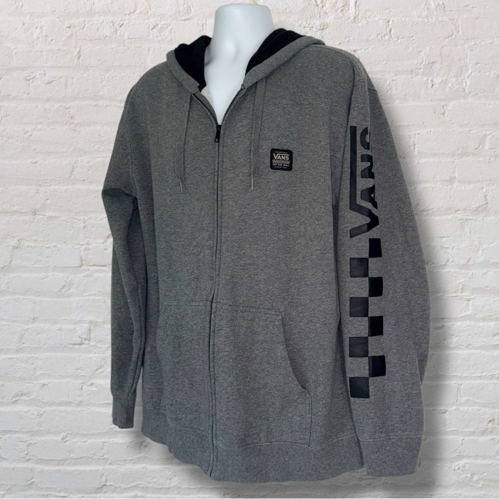 Vans Men’s Full Zip Hoodie Gray Fleece Lined Sweatshirt Sleeve Logo Large